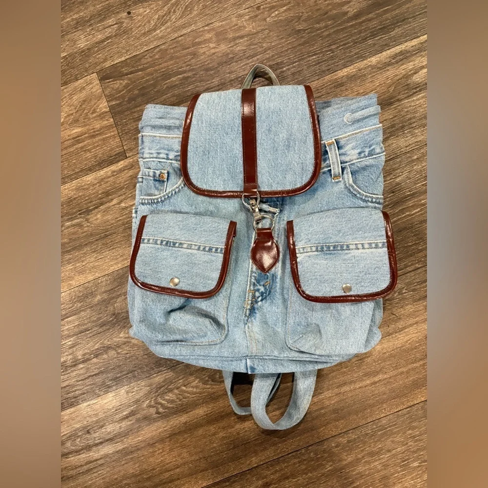 Vintage Levi’s Denim Rucksack Custom Made Backpack Bag Light Wash Handmade Y2K